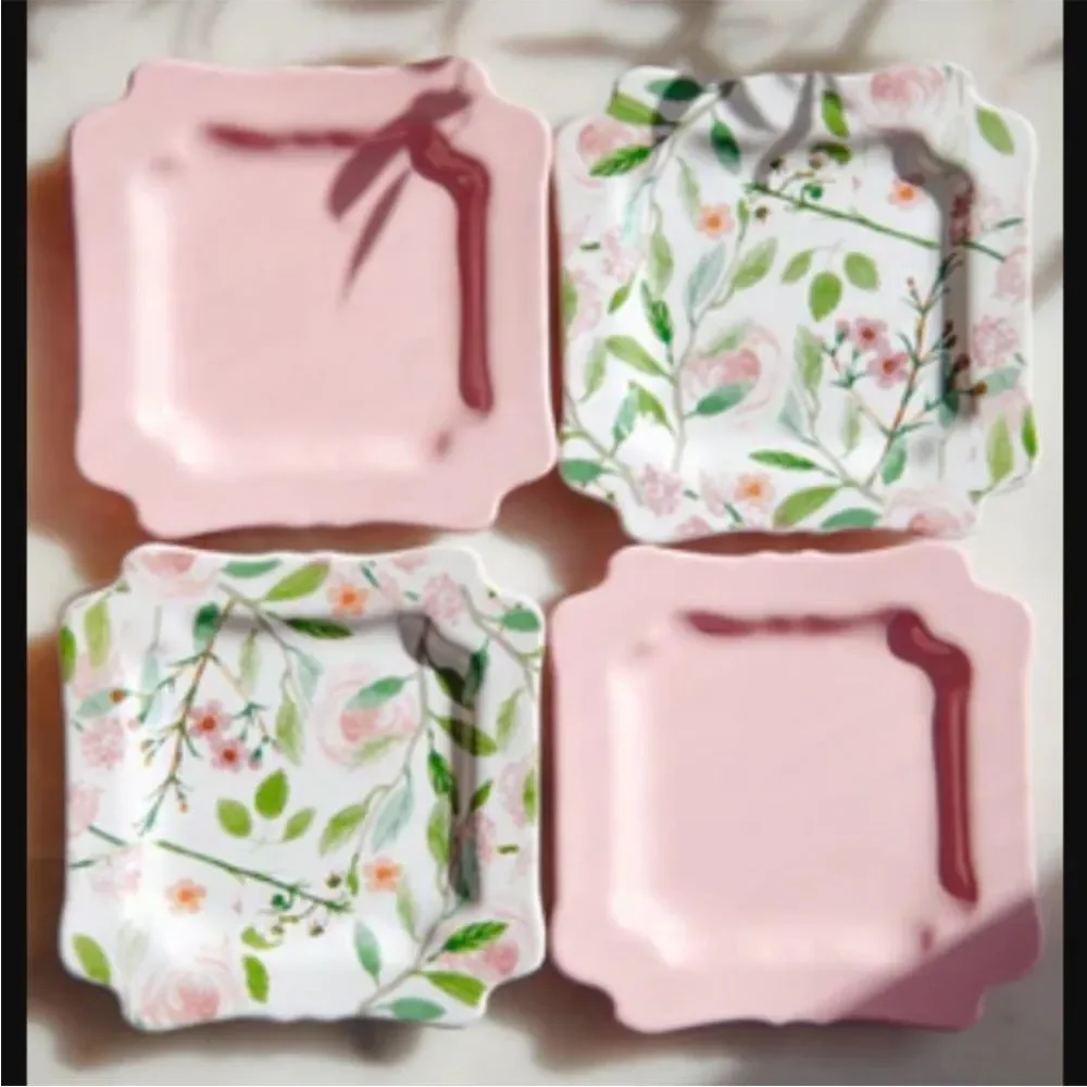 Sweet Laurel Stoneware Dessert Appetizer Plates Set Floral & Light Pink